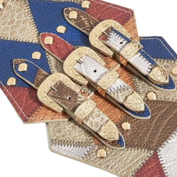 Pebbled Patchwork Triple Buckle Wide Width Belt - Picture 4 of 4